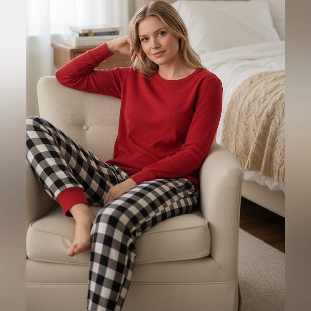 HANNA ANDERSSON women’s oeko tek gingham pajamas pants and red shirt PJ set cozy